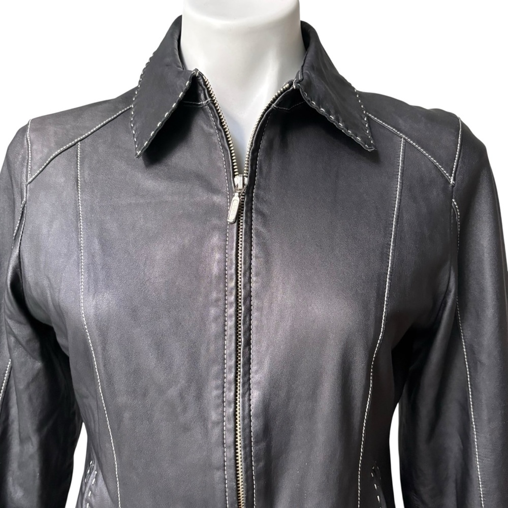 CABI Black Leather Jacket With Contrast Top Stitching (runs very small) - Picture 9 of 15